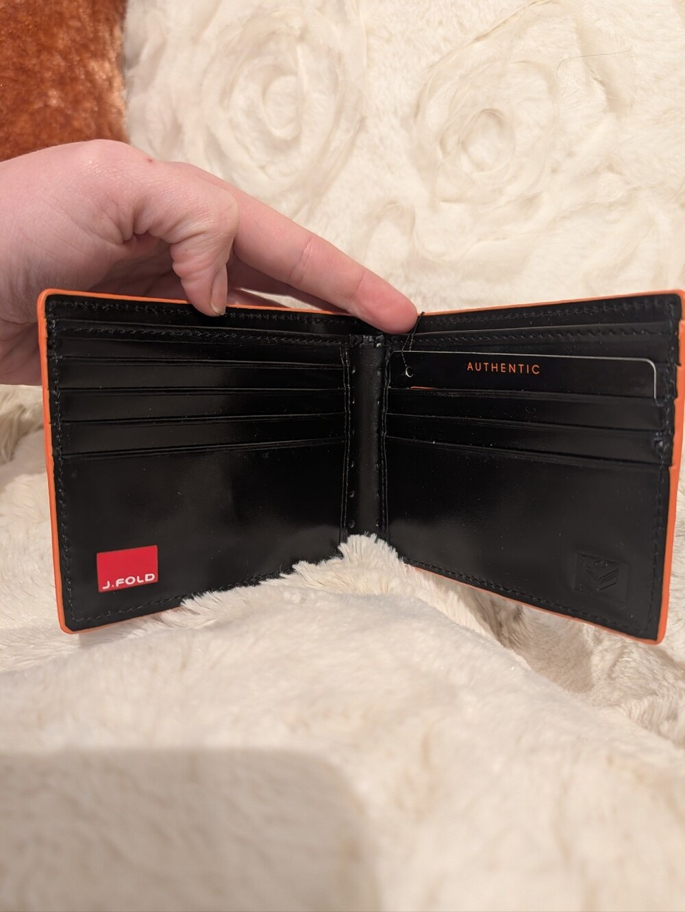 J.Fold Black Leather Bifold Wallet with Orange Trim